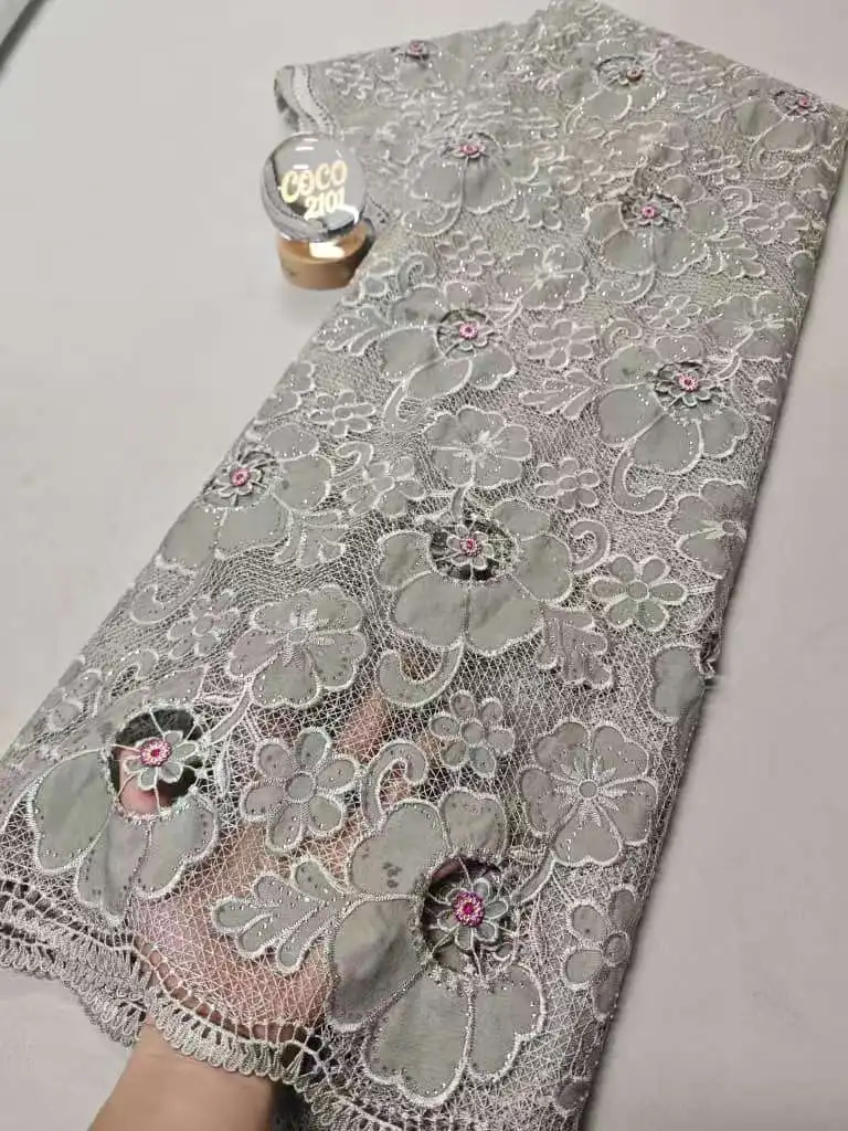 

2026 High Quality African Nigerian Sequins Cotton Embroidery Lace Fabric Tulle for Luxury Wedding Party Dresses Chiffon 5Yard