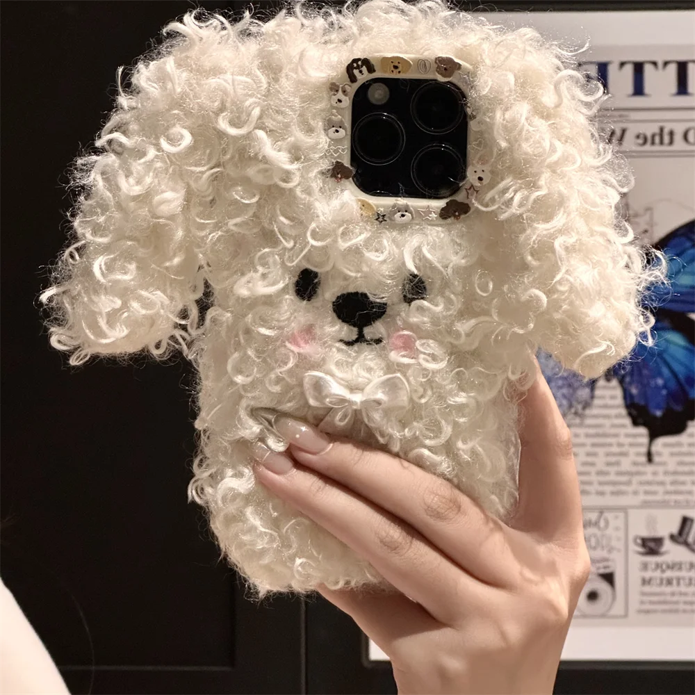 INS Cute Cartoon White Puppy Lens Sticker Furry Phone Case For iPhone 16 15 14 13 Pro Max Curly Plush Dog Lovely Soft Back Cover