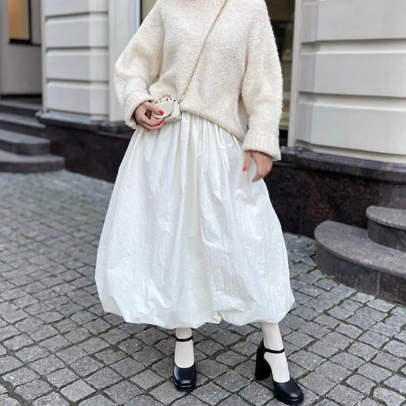 

DEEPTOWN Long White Skirt Women Korean Fashion High Waist A-line Folds Loose Vintage Midi Skirt Autumn Winter Streetwear