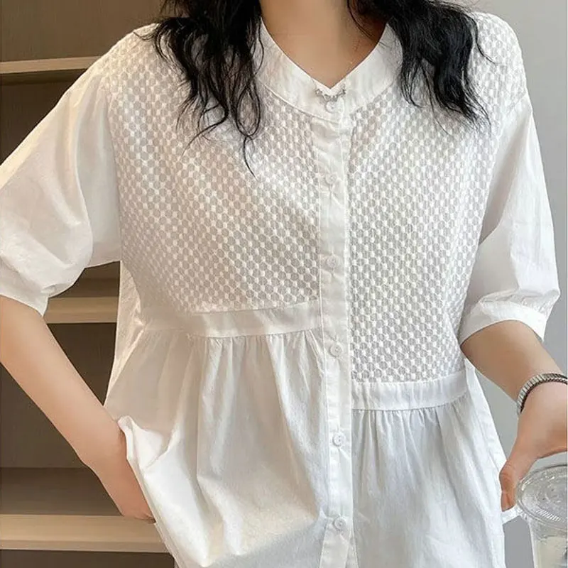 2023 Casual Sweet Solid Color Blouse Female Single-breasted Korean Loose Patchwork O-Neck Summer Half Sleeve Asymmetrical Shirt