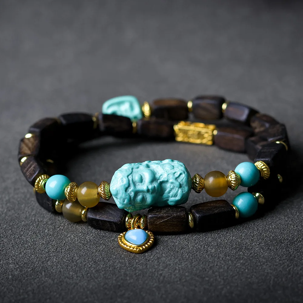 Dalagan Agarwood Two Circle Bracelet Original Cultural Play Green Tara Chinese Handstring Buddha Beads Handheld by Men and Women