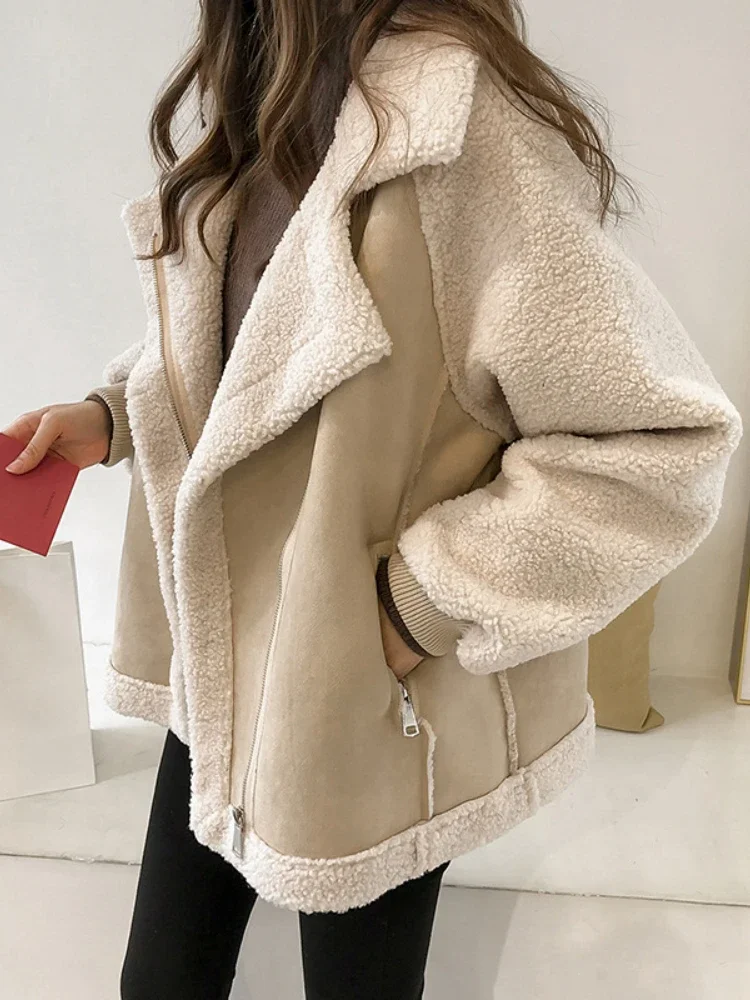 Jacket Women Topcoat Bomber Coat Thickened Casual Loose Outerwear Clothing Pocket Lamb Hair Autumn Winter Clothes Plus Size