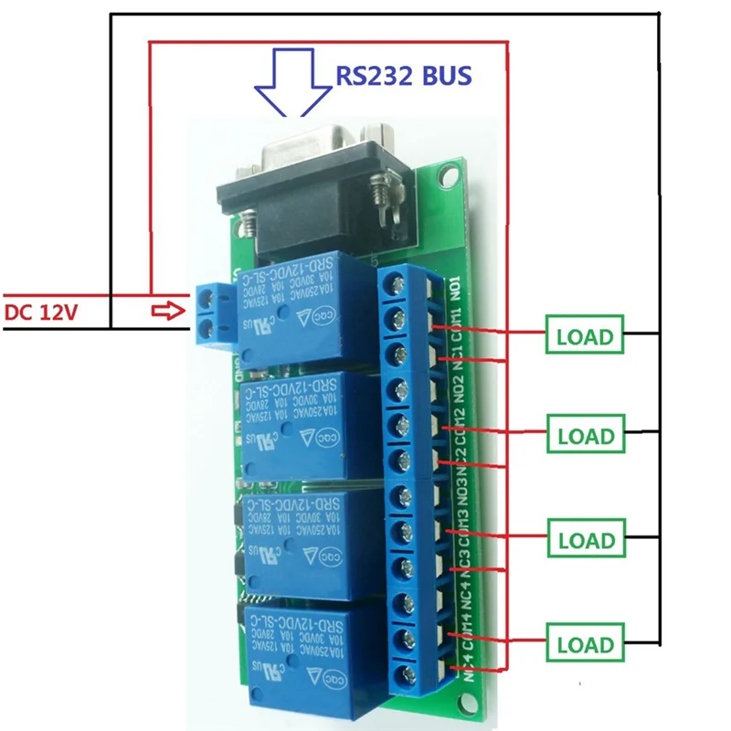 A15R -DC 12V 4 Channel RS232 Relay Board PC USB DB9 Interface Relay Module Serial Port Remote Control Switch For Motor Garage
