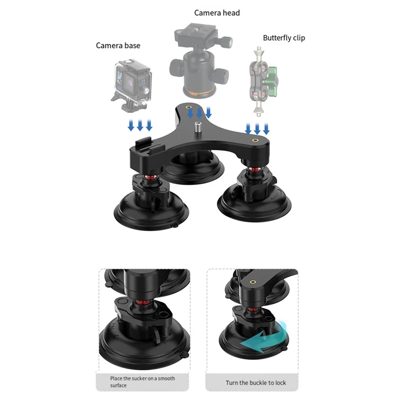 1 Inch Ball Head Mount Triple Twist Suction Cup Car Window Twist Lock Suction Cup Base For GOPRO 12 Insta360 Go3