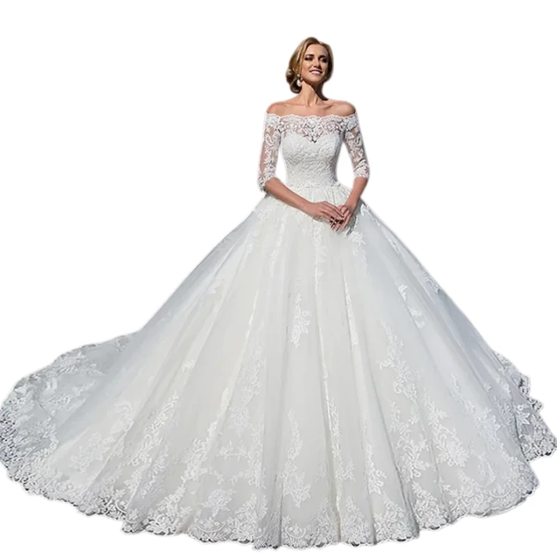 Abito da sposa cappella di lusso per la sposa con spalle scoperte mezze maniche applicazioni in pizzo abiti da sposa in tulle avorio personalizzati