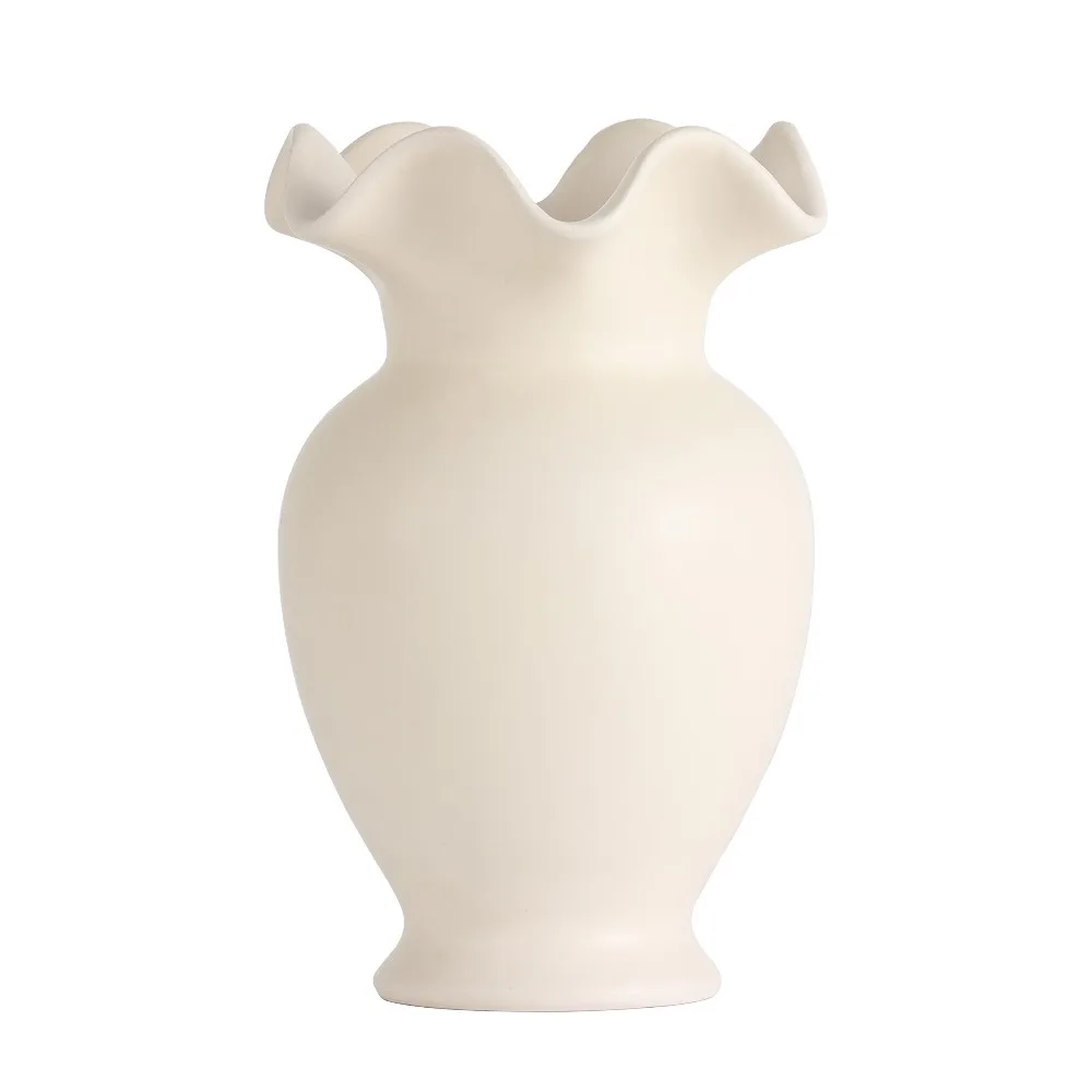 Elegant Off White Ceramic Ruffle Vase for Decor