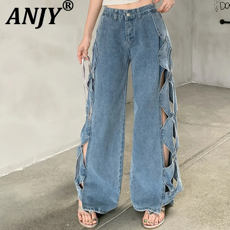 

ANJY Summer New Woman Y2K Chic Jeans Hollow Out Design Straight Slimming Versatile Streetwear Casual Trendy Wide Leg Pants A8706