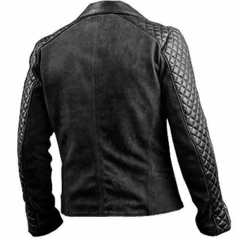 Men's Biker Cafe Racer Quilted Vintage Black Real Genuine Leather Jacket