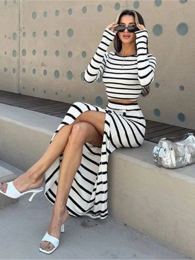 Autumn Fashion Women's Black And White Striped Short Top Long Sleeve Slim Button Skirt Set 2024 For Women 2-Piece Sets