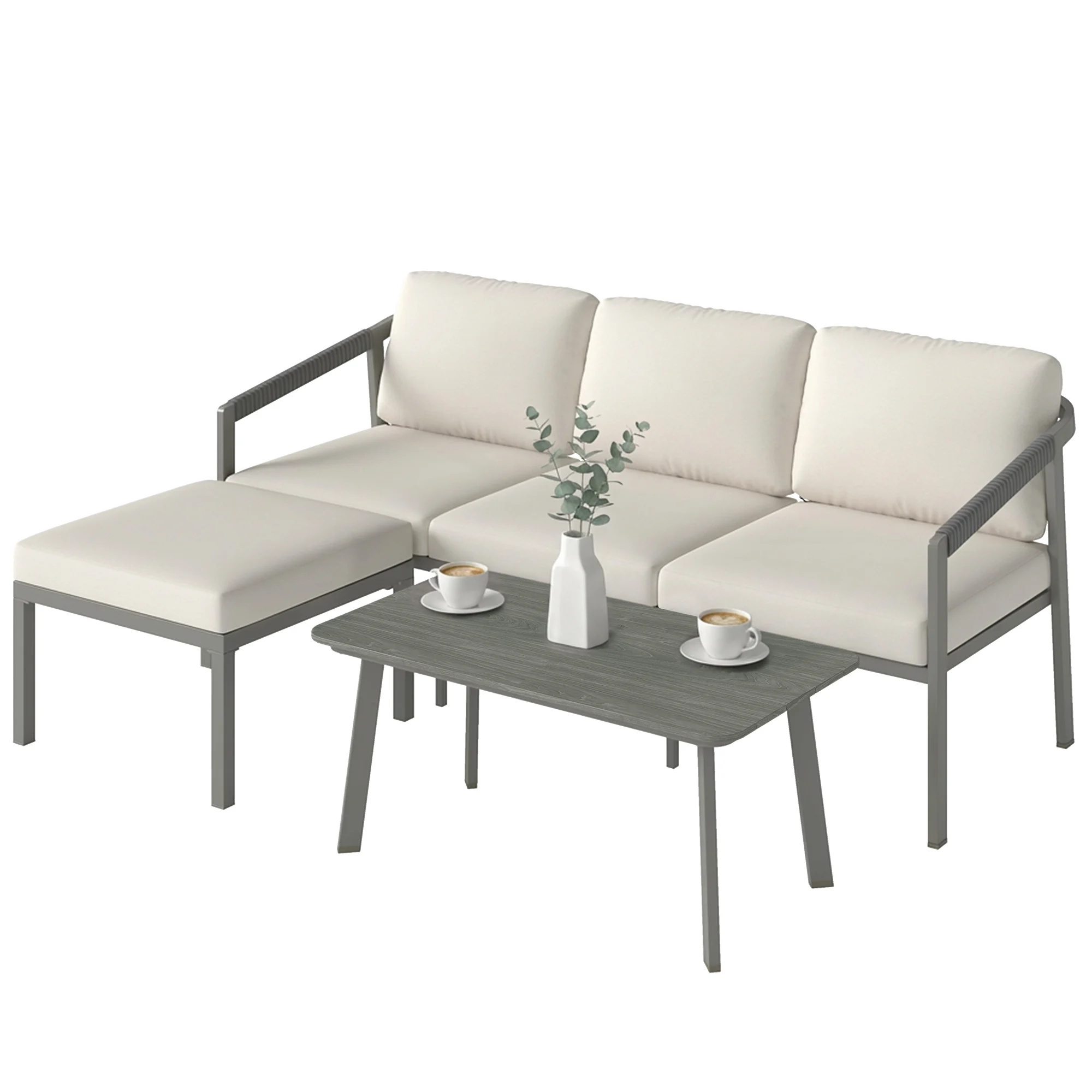 Outsunny Conjunto de Jardín Exterior de 3 Piezas en Forma de L Marrón y Beige