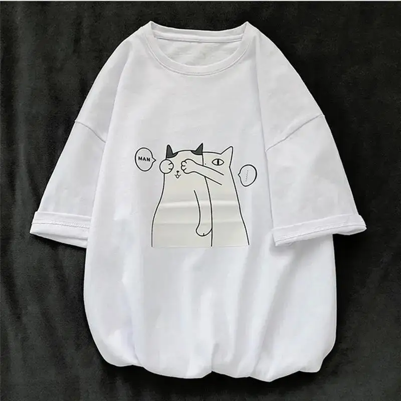 T-shirt d'été en polyester pour femmes col rond manches courtes pull dessin animé impression adt mince Couples mode T-Shirt01232