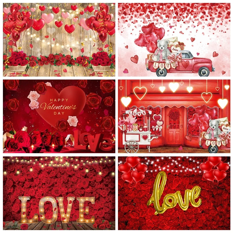 

Happy Valentine's Day Backdrops Photography Love Rose Balloon Wedding Anniversary Party Decor Background Photo Photographic Prop