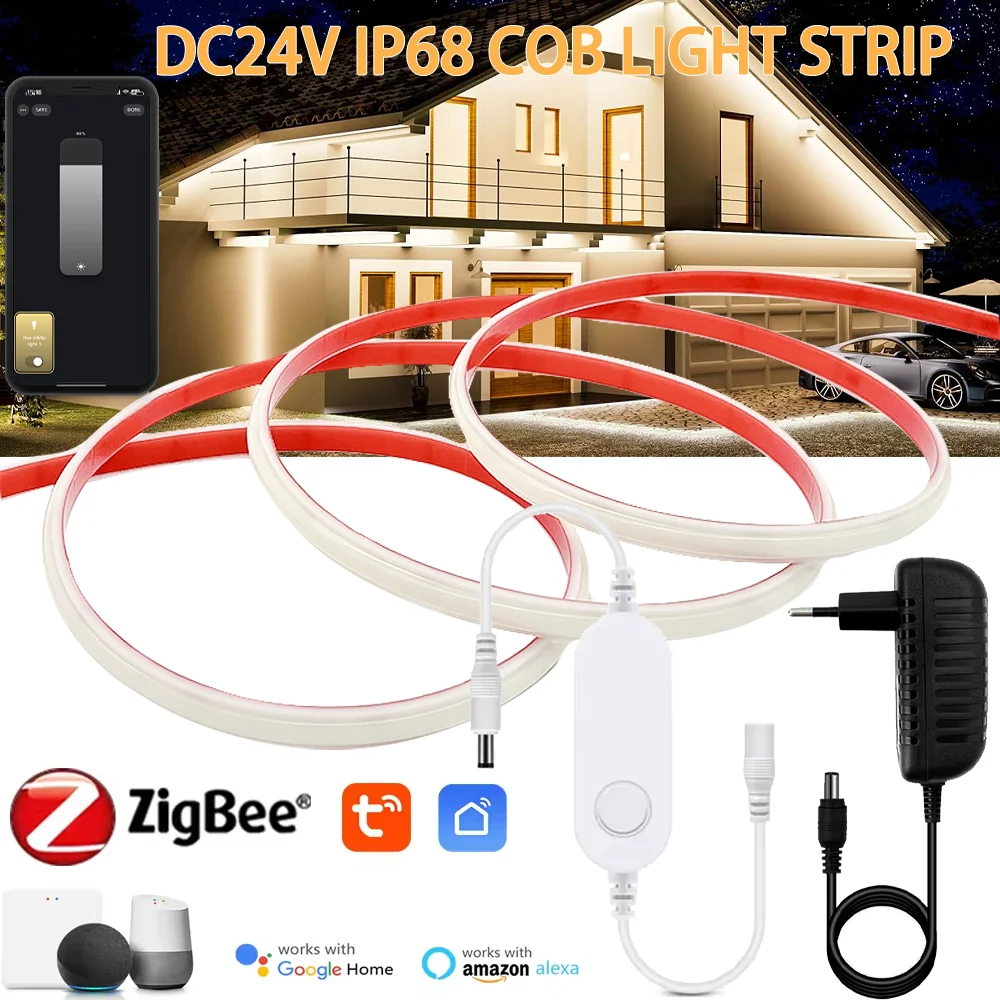 

Светодиодная лента Tuya Zigbee 24В IP68 водонепроницаемая COB, 320 светодиодов/м, теплый белый свет, для домашнего декора, гибкая лента-шнур, совместима с Alexa Google