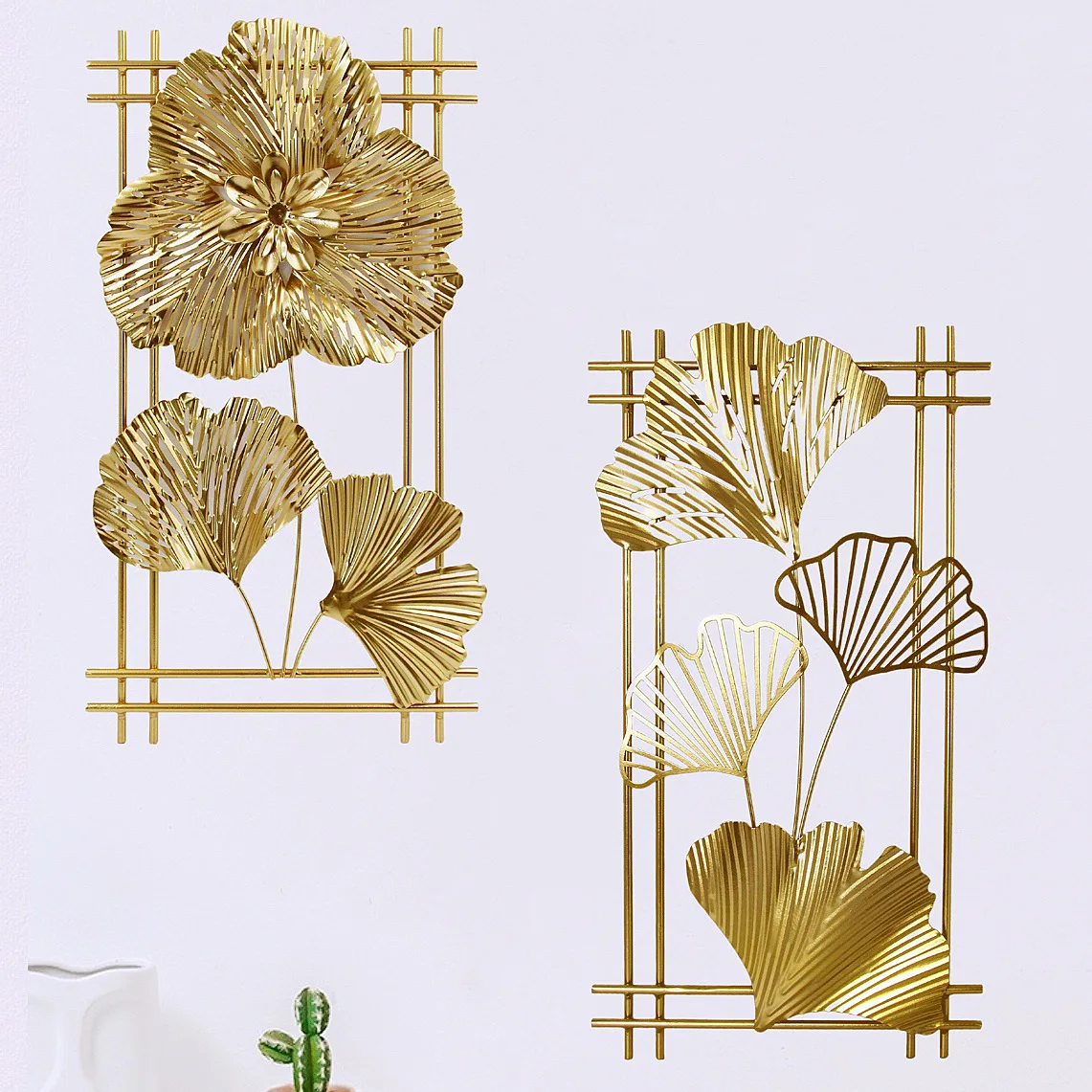 New Chinese style golden gingko leaf flowers 3D wall hanging Home Background Iron Wall Decoration Metal Leaves room decor