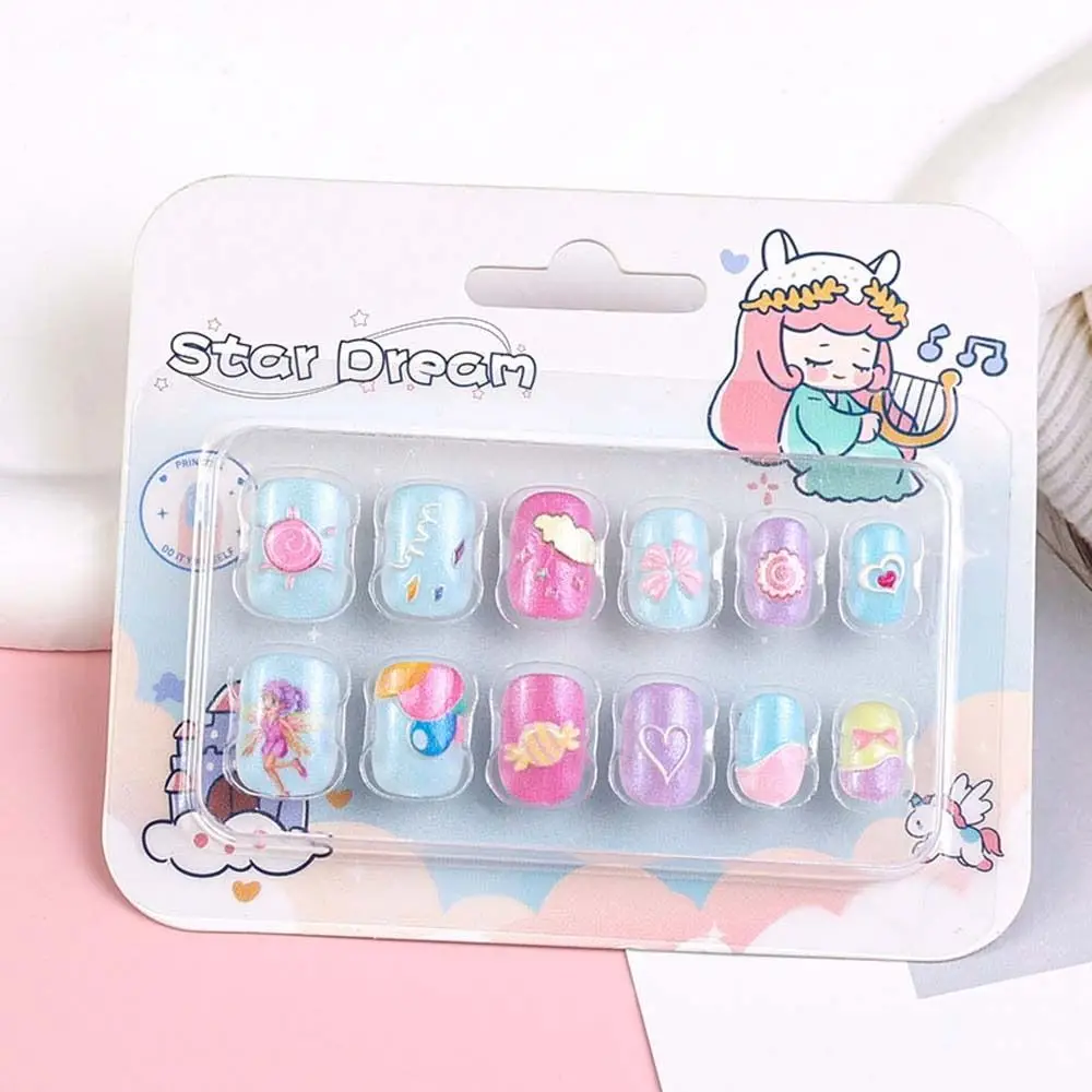 12Pcs/set Nail Supplies Children False Nails Manicure Material Nail Accessories Kids Cartoon Fake Nails Bowknot Rainbow Cloud