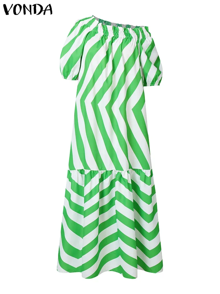 

Plus Size 5XL VONDA Sexy Summer Off Shoulder Bohemian Dress 2025 Women Stripe Printed Sundress Maxi Long Vestidos Casual Robe