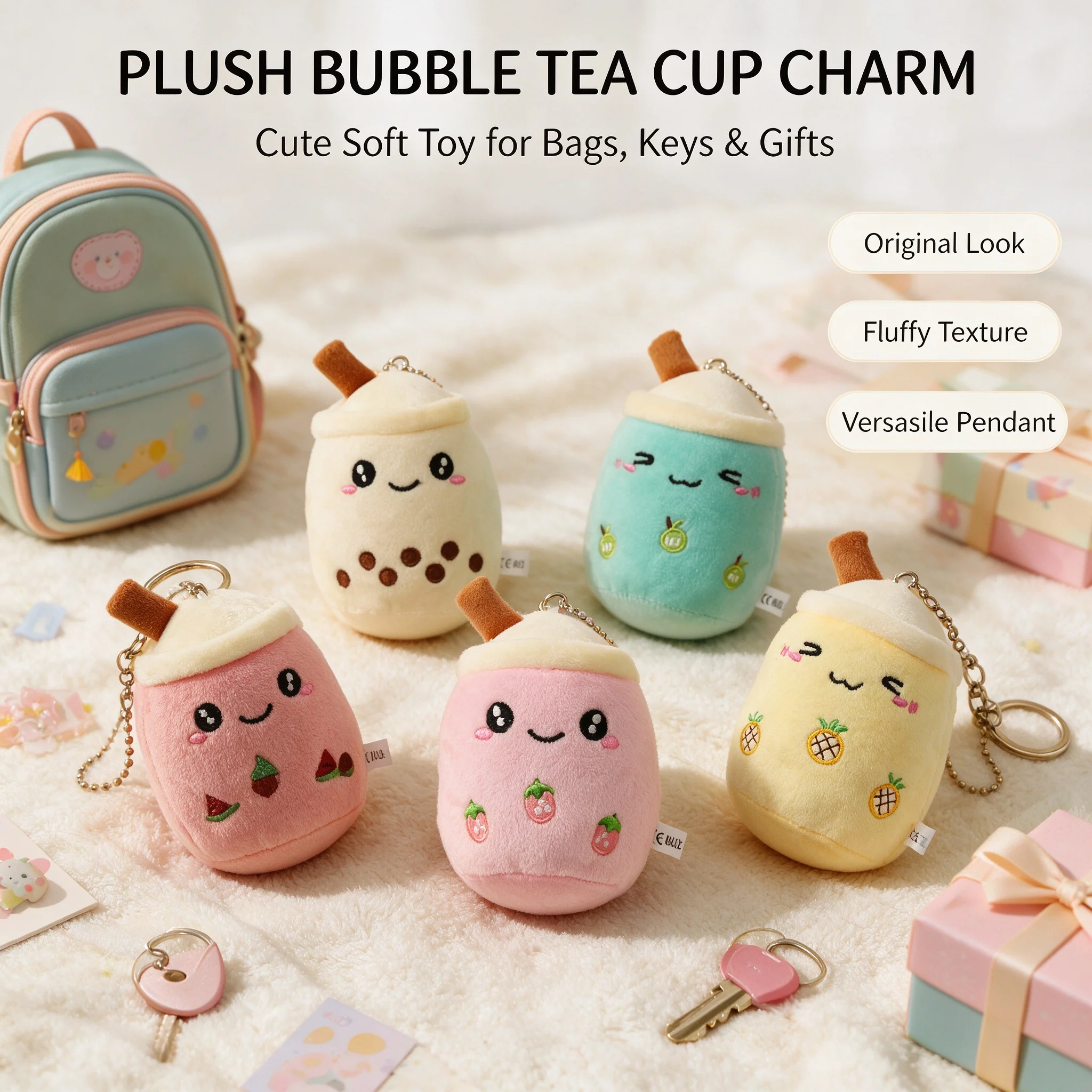 1pc Cute Milk Tea Cup Keychain Plush Toy Soft PP-Foam-Filled Plush Toy Hanging for Bags Keys and Party Gifts Decoration Charm