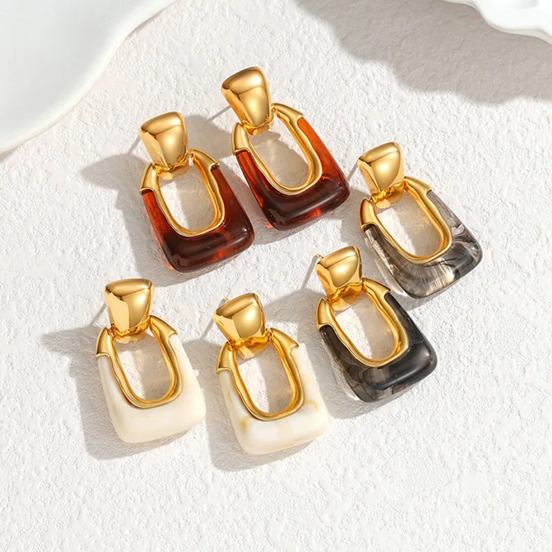 Letdiffery Vintage Geometric U Square Drop Earrings for Women Stainless Steel Retro Amber Resin Acrylic Dangle Earring Jewelry