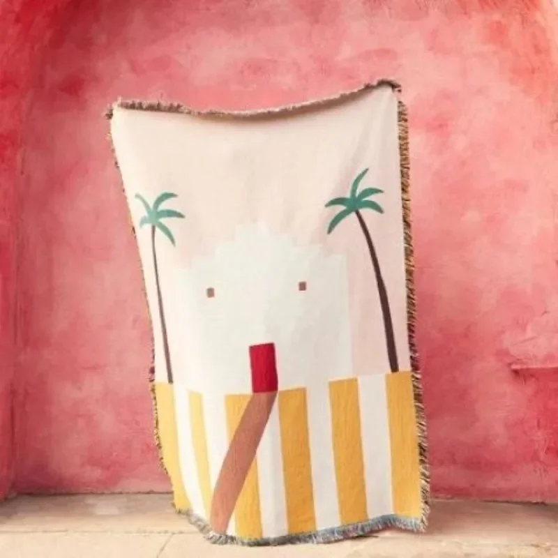 Pastel Pink Desert Adobe Throw Blanket Mid Century Modern Palm Tree Woven Tapestry with Fringe Boho Minimalist Decorative Throw