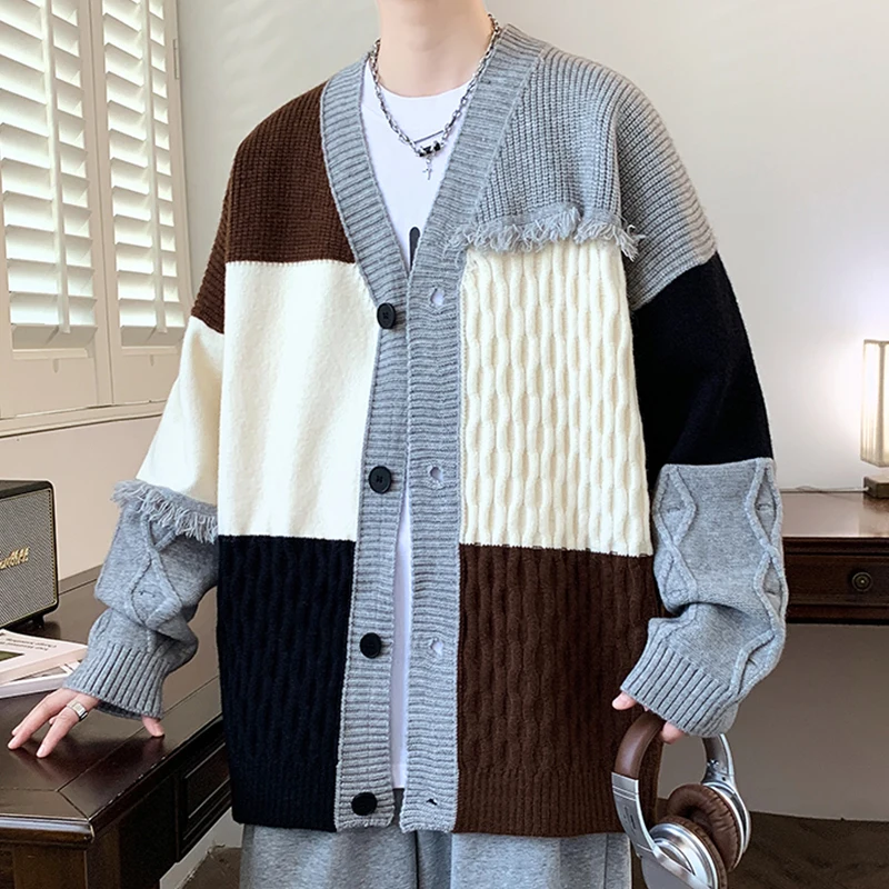 2025 Spring and Autumn New Khaki Black Knitted Cardigan Jacket V-neck Patchwork Casual Loose Dark Gray White Navy Blue Cardigan