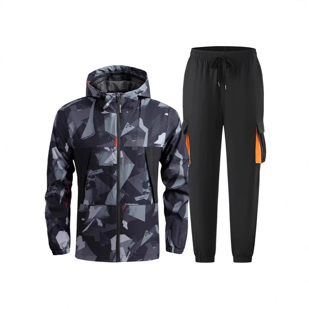 Men's Spring and Autumn Mountain Climbing Jacket and Pants Set, Thin Casual Outdoor Sports Hooded Jacket with Leggings Pants