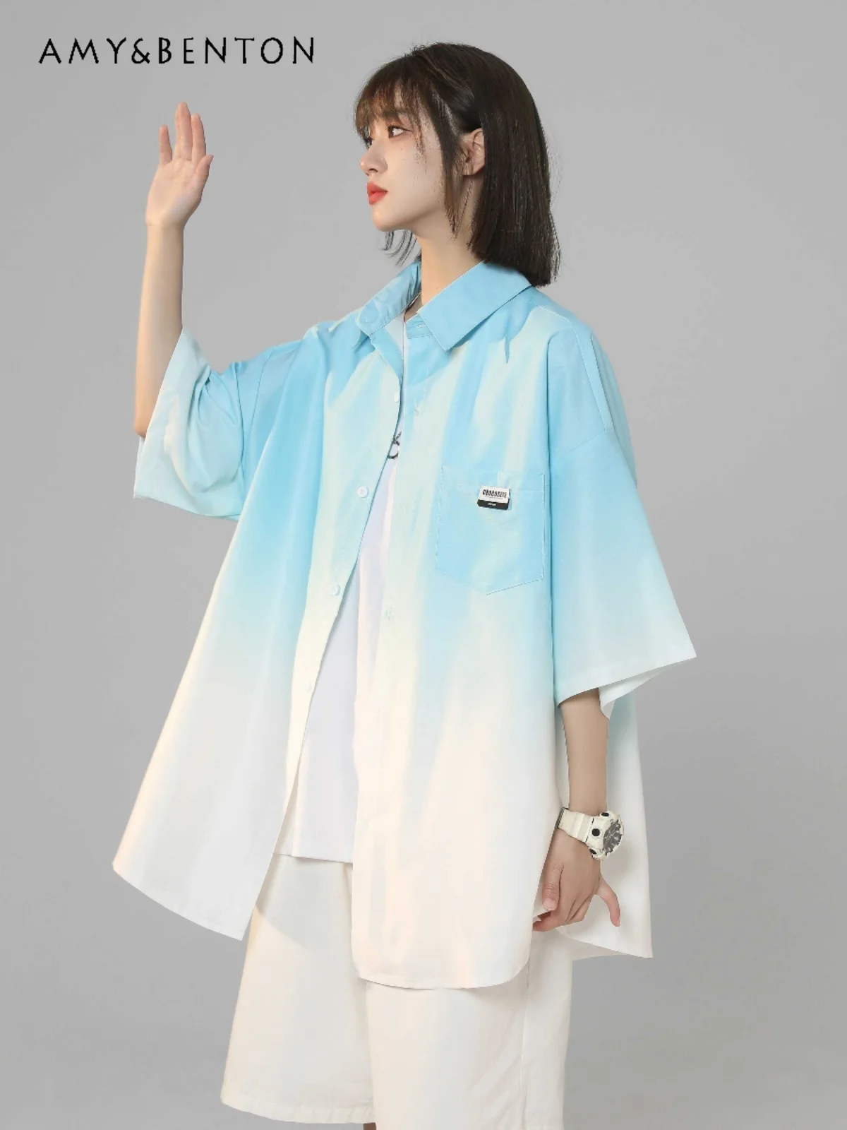 

2025 Spring Summer New Women's Long Sleeve Shirt Multiple Gradient Colors Loose Comfortable Casual Short Sleeve Long Tops