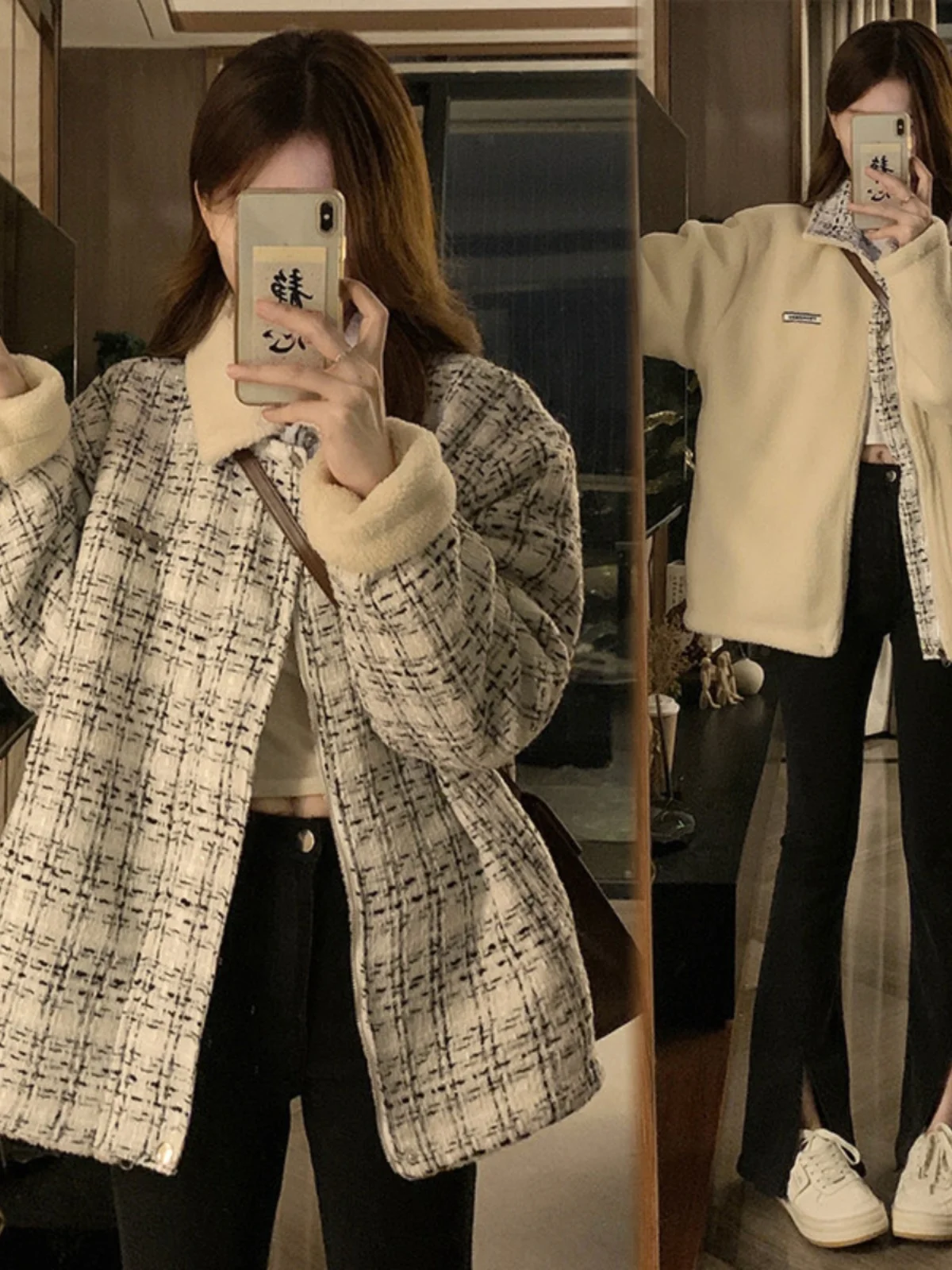 

Двусторонняя утепленная куртка из флиса и овечьего меха, мужское хлопковое пальто, зимнее теплое повседневное пальто в клетку с эффектом высокого качества