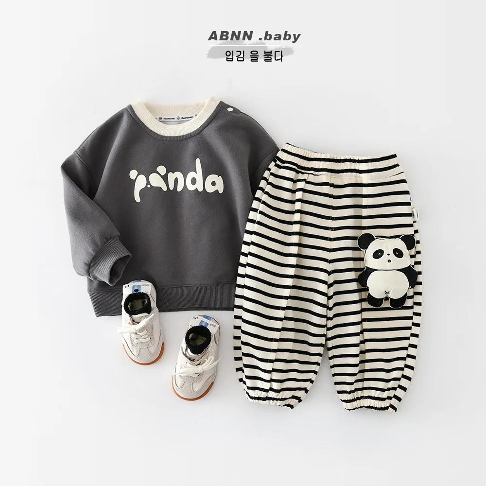 2026 ربيع جديد الطفل سراويل تقليدية القطن الرضع الفتيات الكرتون الباندا Sweatpants طفل الفتيان مخطط بنطلون ملابس الأطفال