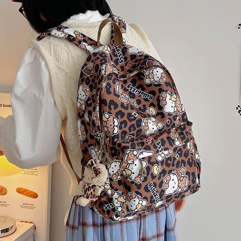 Hello Kitty Leopard Print Backpack Kawaii Anime Sanrio Creative Girls Fashion Large Capacity Travel Portable Student School Bag