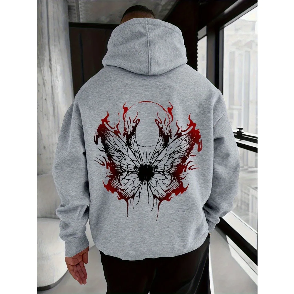 Streetwear Gothic Flame Butterfly Gradient Artwork Back Print Unisex Casual Long Sleeve Hooded Sweatshirt