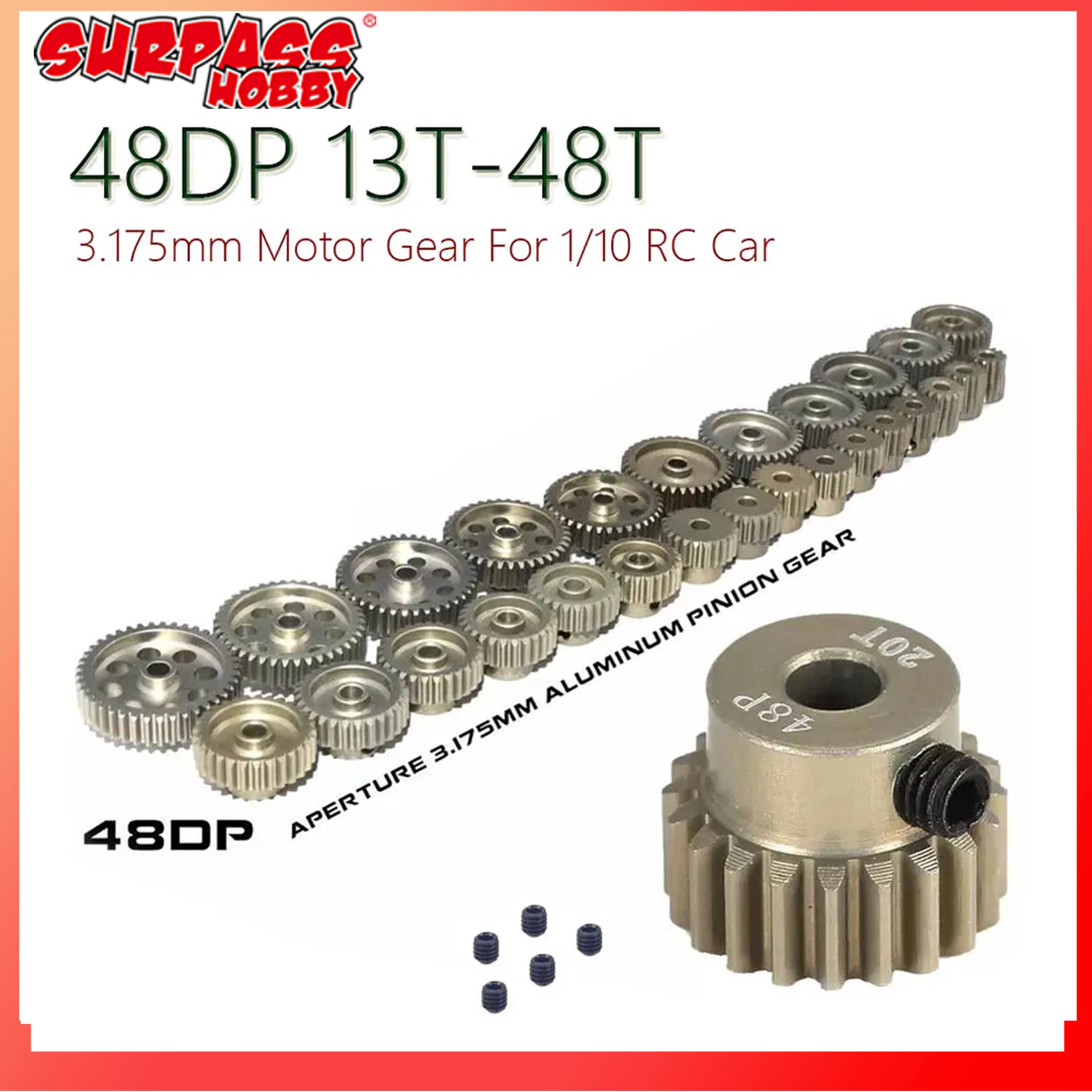 Aluminum Metal Pinion Motor Gear 48DP 3.175mm 13T-20T 21T-25T 26T-30T 31T-40T 41T-48T For 1/10 RC Cars Truck Drift Model Motor