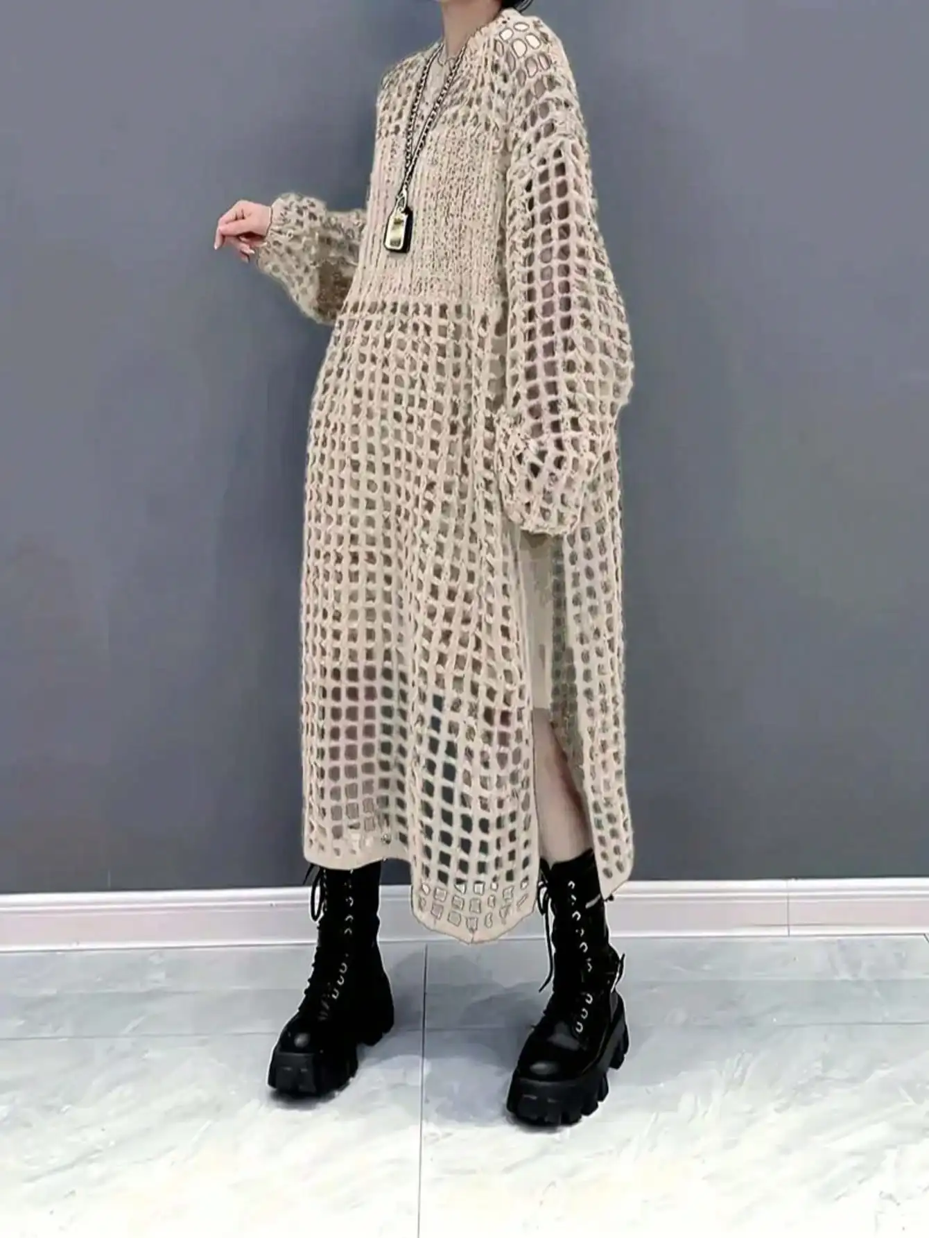 

Длинный вязаный кардиган больших размеров с ажурным узором, свободный крой оверсайз для женщин