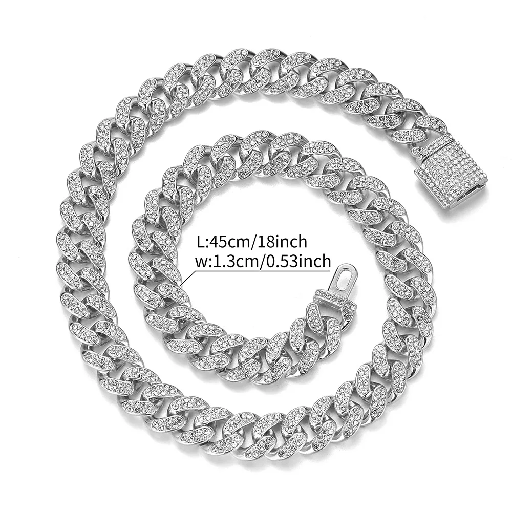12mm Iced Out Crystal Prong Miami Cuban Chain Necklace for Women Men Bling Paved Rhinestone Choker Necklace Hip Hop Jewelry Gift