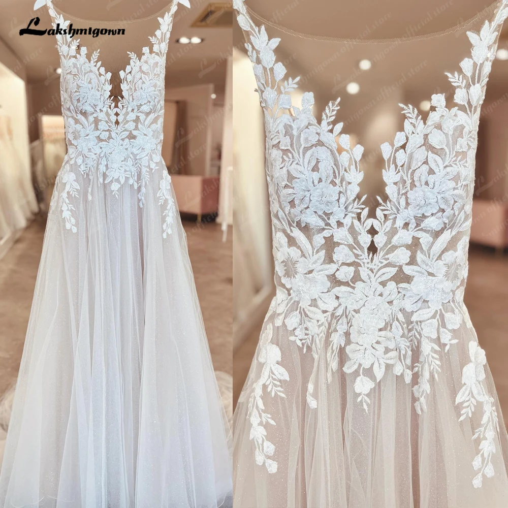 

Lakshmigown Illusion Wedding Dress Sleeveless Backless O-Neck Bride Dress See Through Appliques Formal Robe de marie