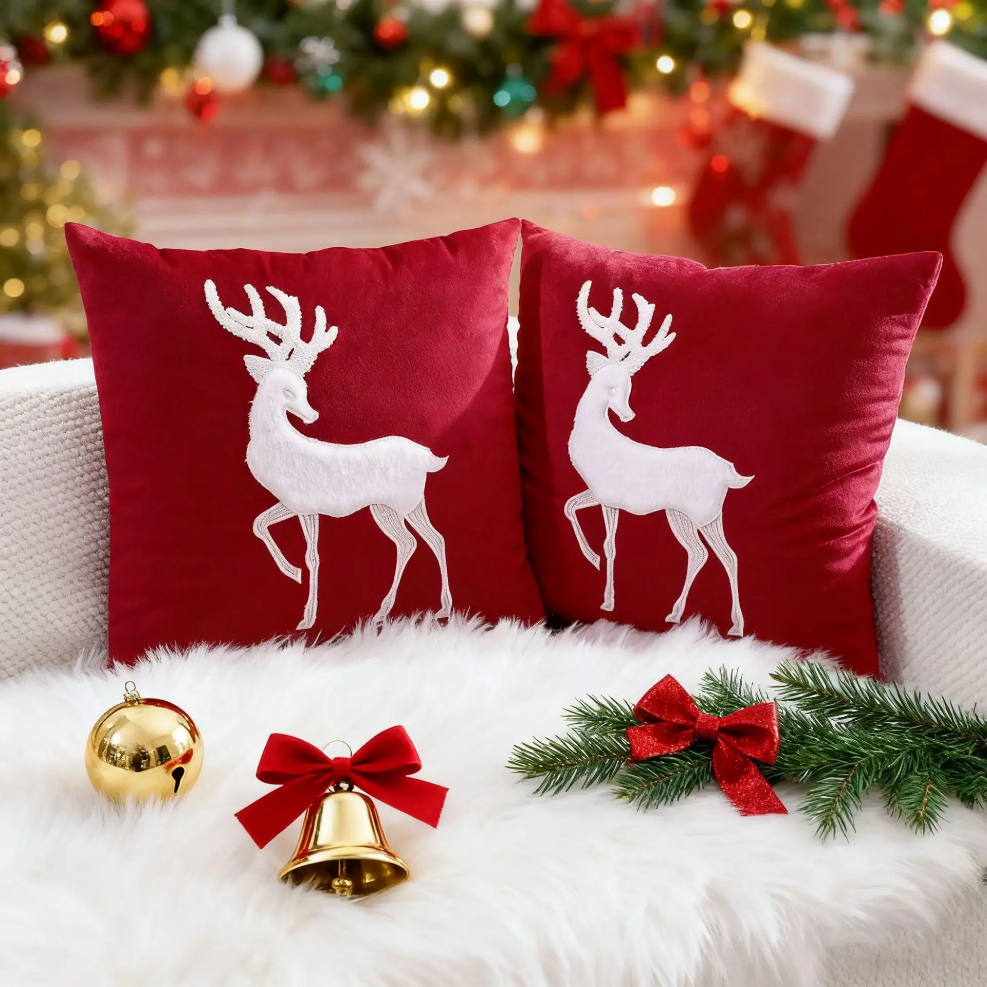 Christmas Tufted Pillow Cover 18x18 Inch Lively Reindeer Red Decorative Embroidered Throw Pillow Cover, Soft Velvet Fabric