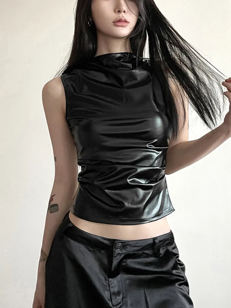 Preto feminino Folds Short Crop Top, Streetwear, Slim, sem mangas, O-pescoço, pulôver, moda verão
