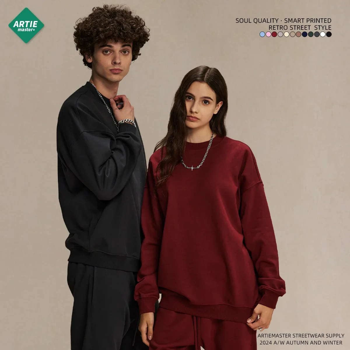 Men's new 430g terry round neck men's sweater street trendy brand autumn men's and women's round neck