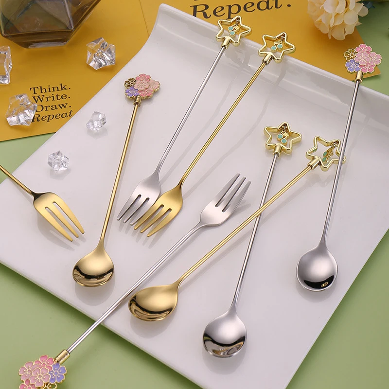 1PC Creative Cute Handle Spoon Five-pointed Star Gold-plated Dessert Coffee Tea Long Handle Kitchen Supplies Mixing Spoon