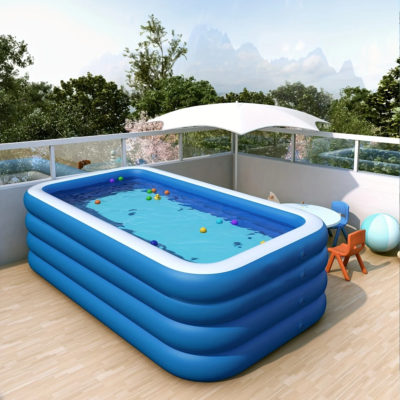 Four Ring Raised and Thickened Single Bottom Square Family Inflatable Swimming Pool Blue and White Large Home Swimming Pools