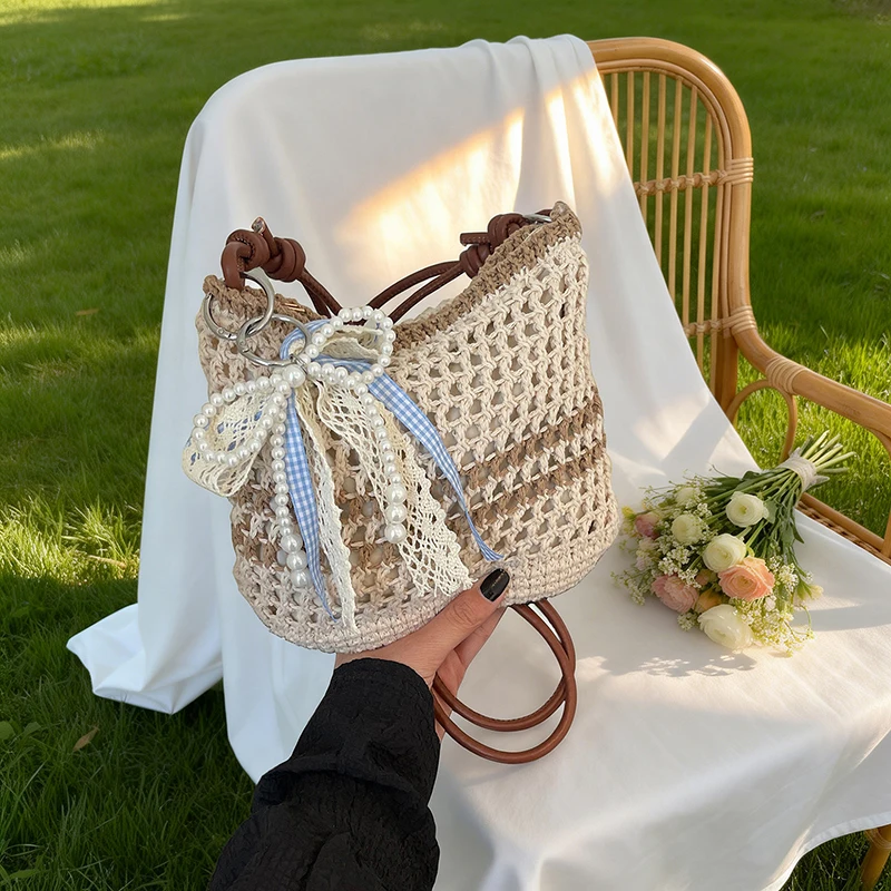 

Hollow Out Straw Woven Tote Bag For Women Beach Handbag with Accessories Bohemian Large Capacity Bucket Bag Shoulder Bag Holiday
