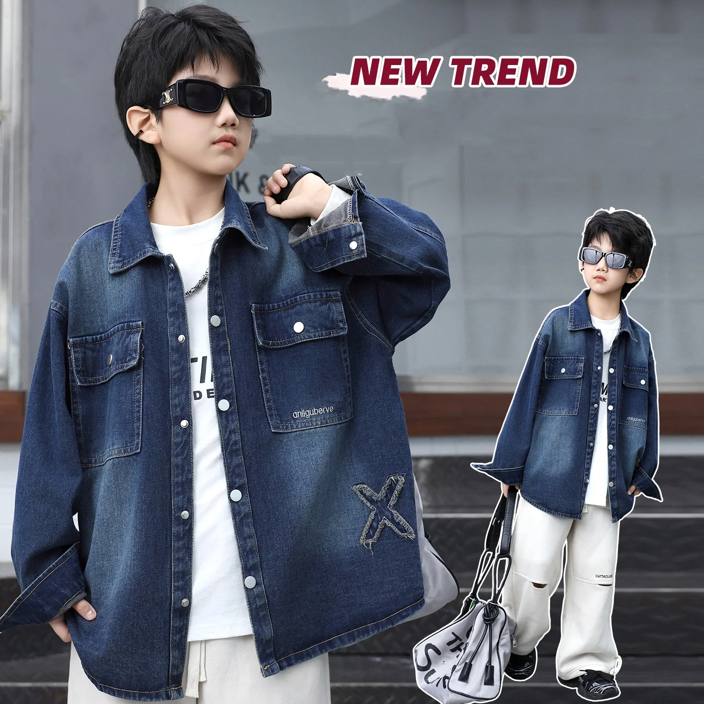 

Boy Long Sleeves Shirt Age 4-14Y Child Autumn Classical Letter Embroidery Denim Jacket Child Shirt Tween Casual Fashion Coat
