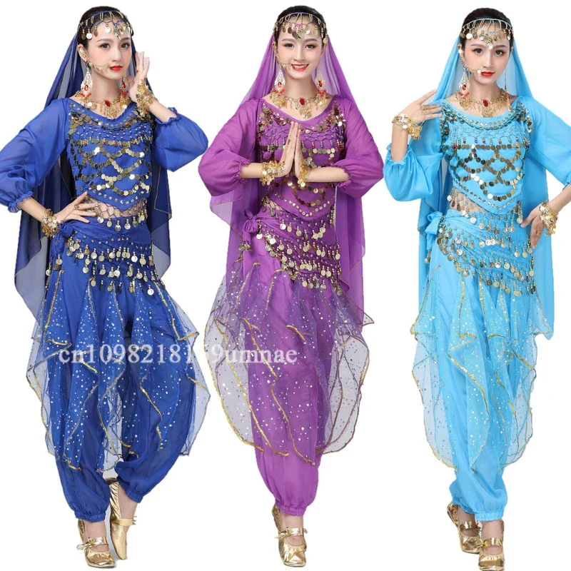 Arabische prinses kostuumset, dames top met lovertjes + broek kostuumset, dames oosterse Indiase dans volwassen glanzende buikdansset
