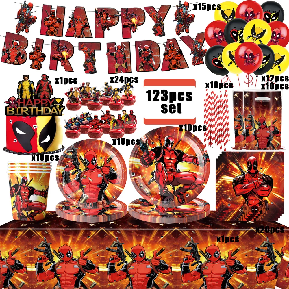 

Disney Deadpool Birthday Party Decor Tableware Tablecloth Plate Balloon Kid Favors Anime Movie Superhero Gift Party Supplies Set