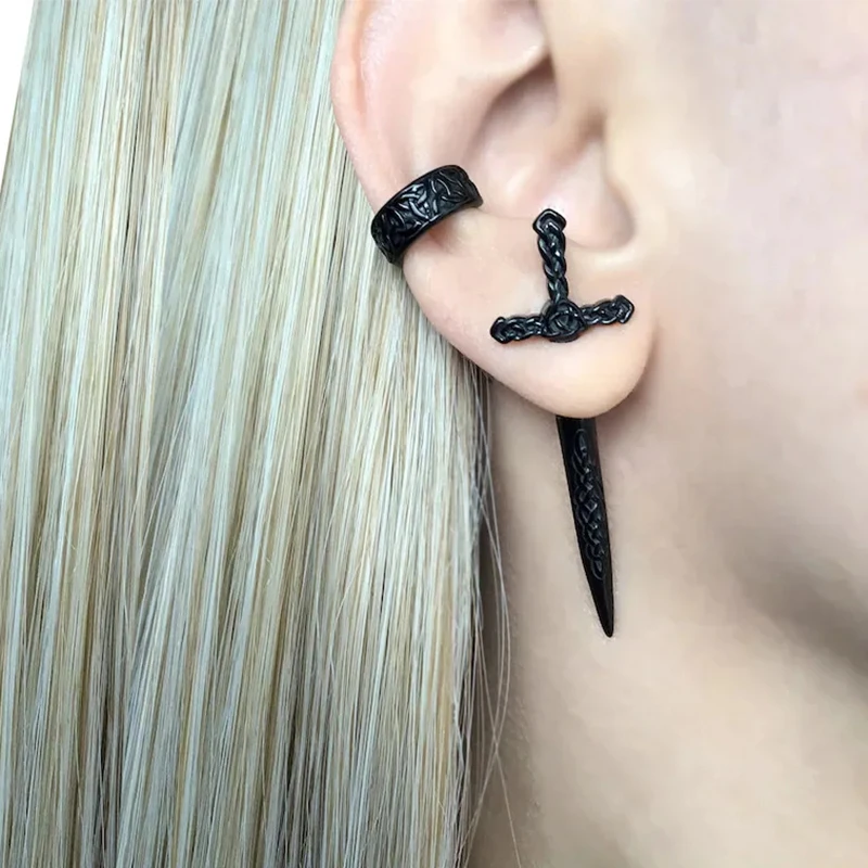 Steel Fun Jewelry Punk Sword Gothic Kinitial Piercing Earrings for Women&Men Goth Pattern Ear Jacket Dagger Stud Earring Jewelry