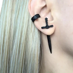 Steel Fun Jewelry Punk Sword Gothic Kinitial Piercing Earrings for Women&Men Goth Pattern Ear Jacket Cross Stud Earring Jewelry