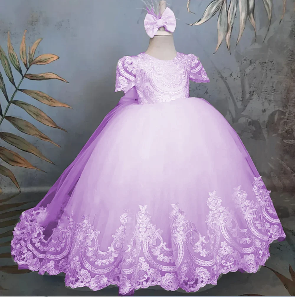 ชุดเดรสพิธีสำหรับเด็กผู้หญิงสีขาว แต่งลูกไม้ แขนสั้นฟูฟ่อง สำหรับงานรับศีลมหาสนิทครั้งแรก งานพรอม งานปาร์ตี้ และถ่ายภาพ