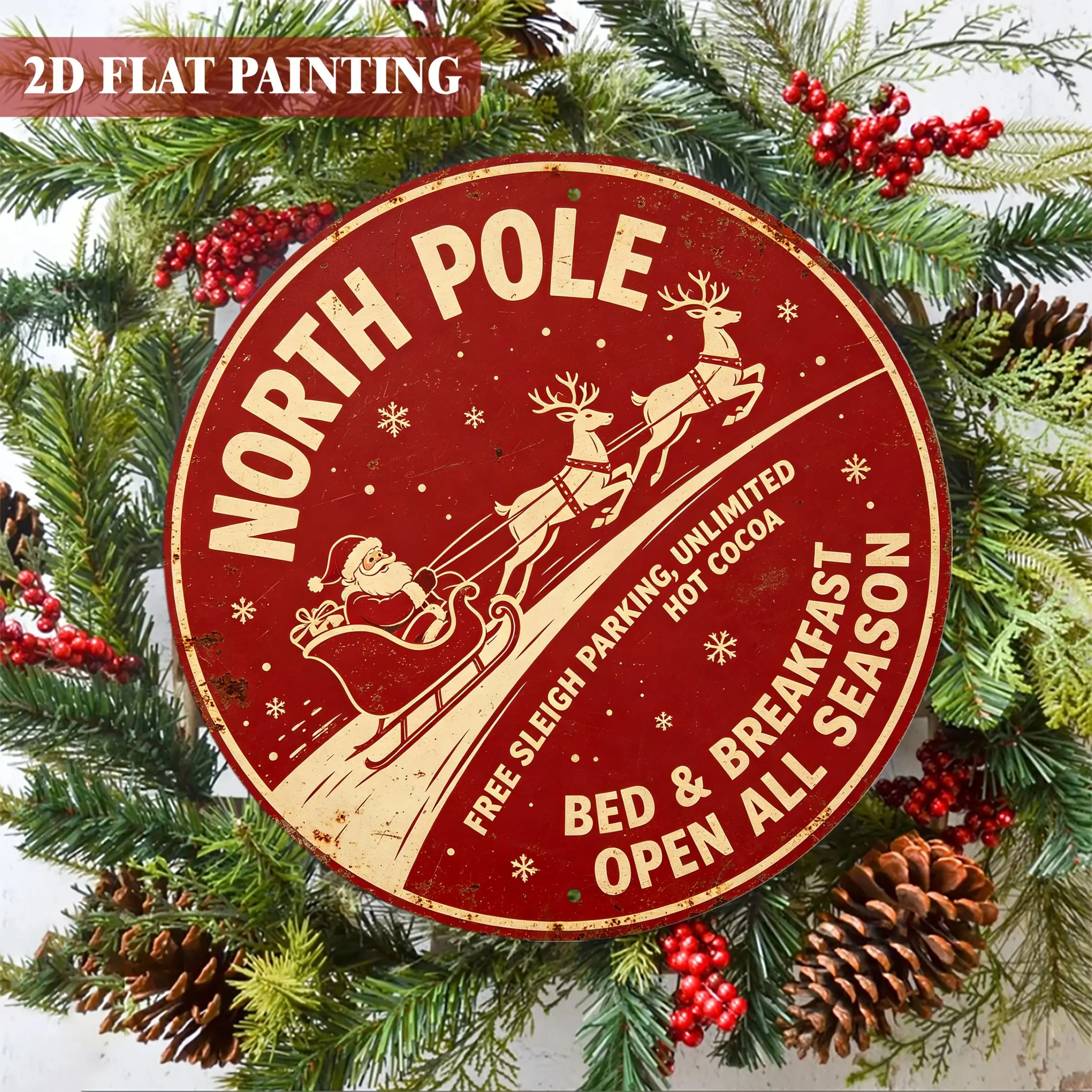 2D Flat Printing 1pc Pack, Retro Round Wooden Sign, Arctic Free Sled Infinite Parking Space Hot Chocolate B&B, Holiday Wall Art,