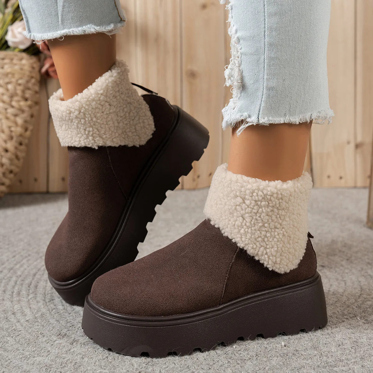 

Fashionable Thick Bottom Short Snow Boots Women's Winter New Style Fleece Lined Chunky Heel Cotton Shoes Boots Warm round Toe