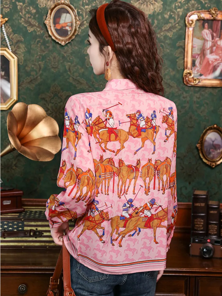 #3134 Spring Pink Printed Satin Shirt Women Turn-down Collar Office France Style Vintage Womens Tops And Blouses Slim Fit