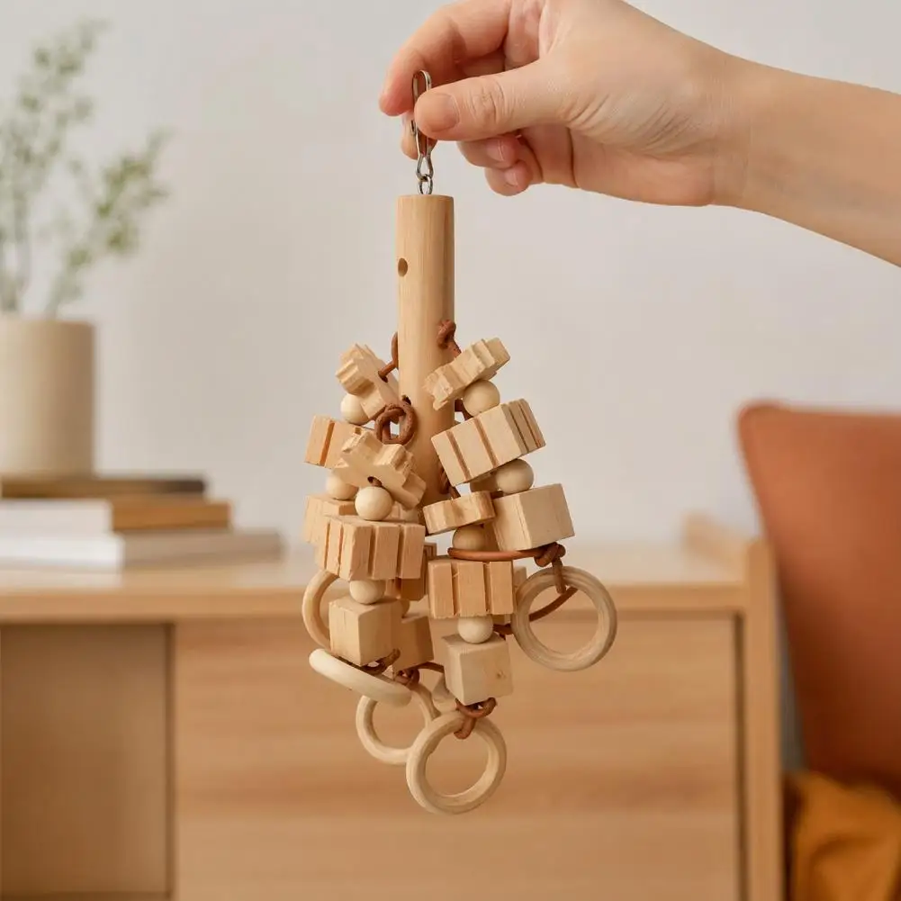 Safe Parrot Toy Wood Blocks Parrot Chew Toy with Wooden Rings Hanging Bird Cage Accessory for Parakeet Conure Cockatiel view 5